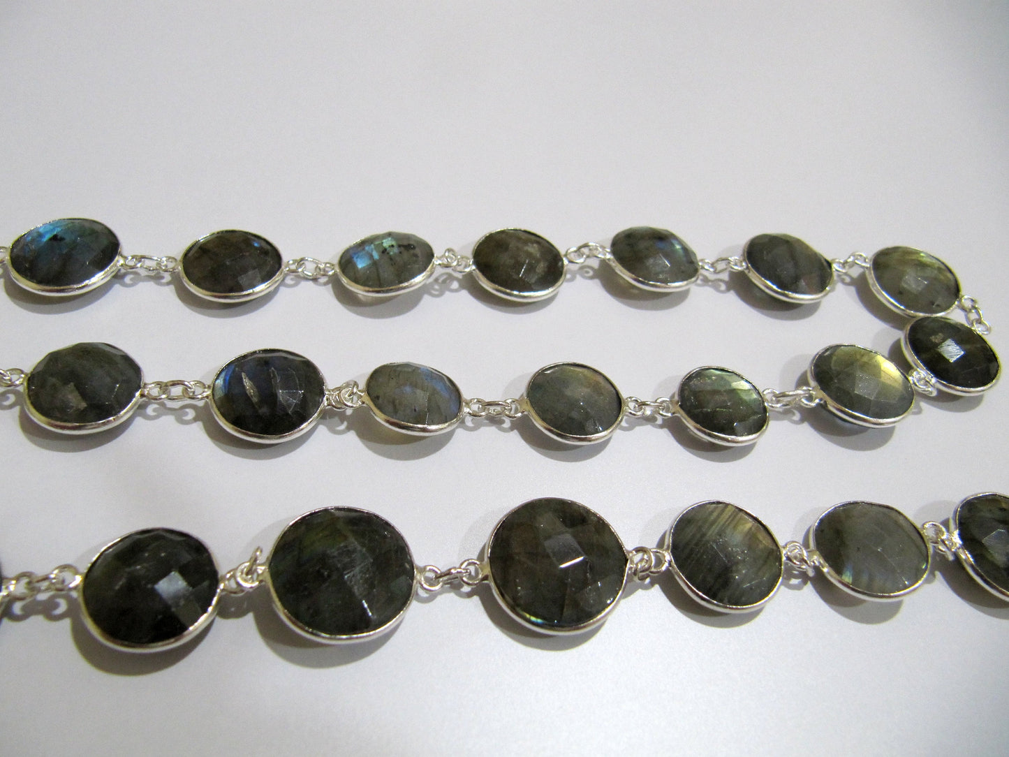 Natural Grey Moonstone Nugget shape Briolette Bezel Connector Chain Uneven Free Shape 12to15mm Gold/Silver/Black/Rose Plated Sold Per Foot
