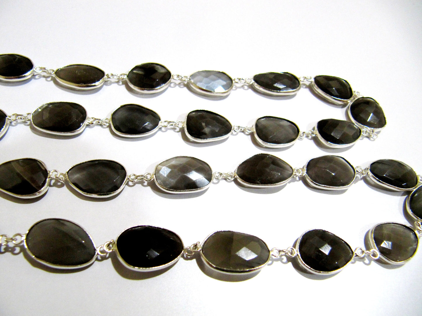Natural Grey Moonstone Nugget shape Briolette Bezel Connector Chain Uneven Free Shape 12to15mm Gold/Silver/Black/Rose Plated Sold Per Foot