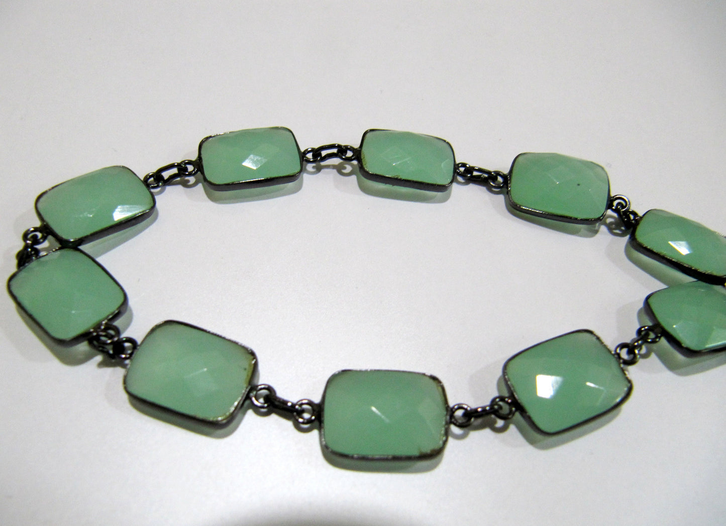 Natural Aqua Chalcedony Rectangle Shape Briolette Faceted Bezel Connector Chain 10x14mm Sold Per Foot High Quality Gemstone Handmade chain