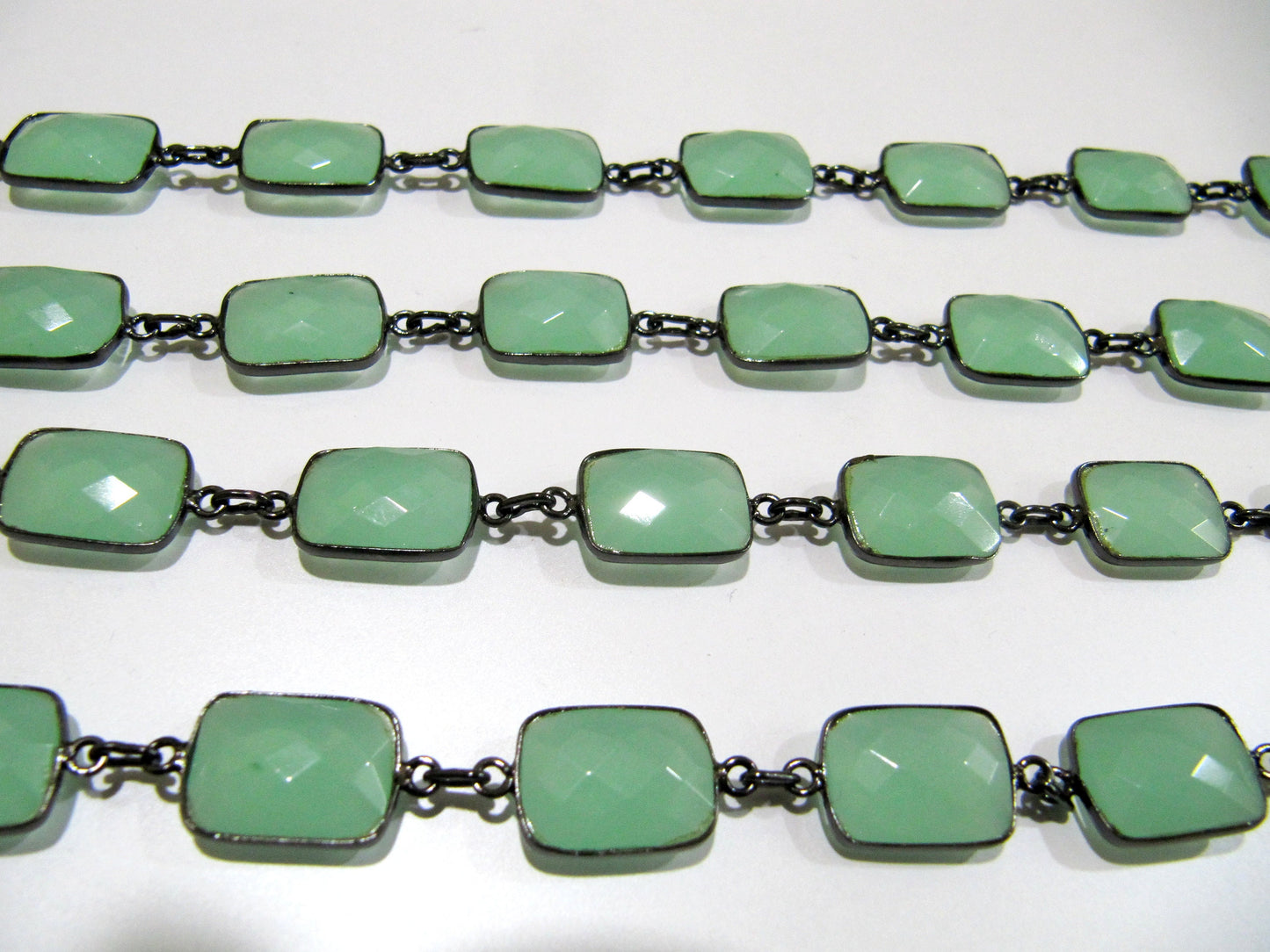 Natural Aqua Chalcedony Rectangle Shape Briolette Faceted Bezel Connector Chain 10x14mm Sold Per Foot High Quality Gemstone Handmade chain