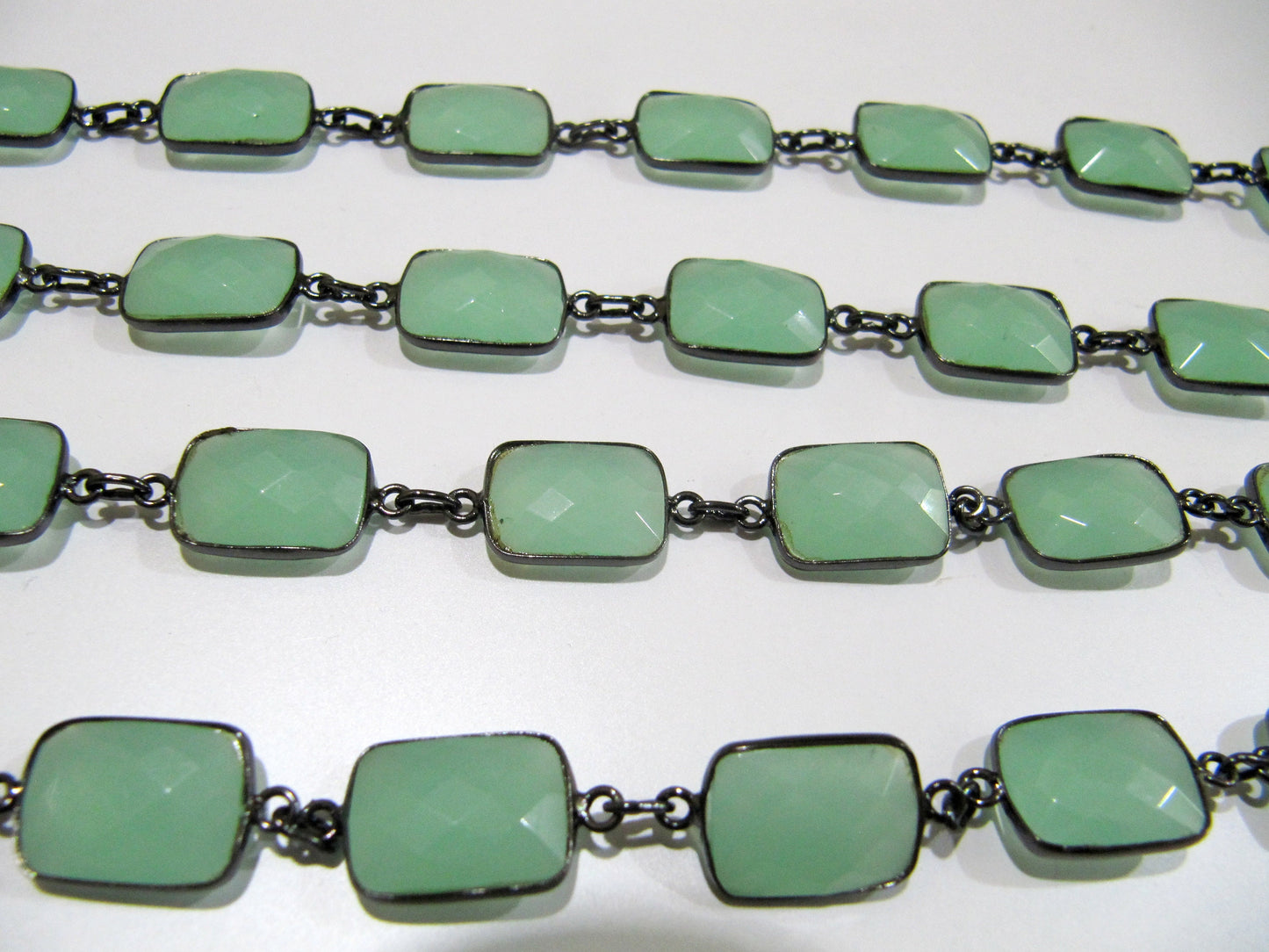 Natural Aqua Chalcedony Rectangle Shape Briolette Faceted Bezel Connector Chain 10x14mm Sold Per Foot High Quality Gemstone Handmade chain