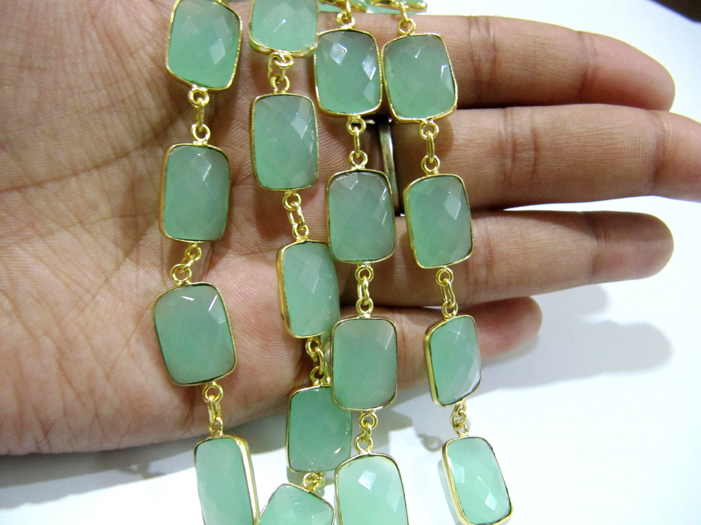 Natural Aqua Chalcedony Rectangle Shape Briolette Faceted Bezel Connector Chain 10x14mm Sold Per Foot High Quality Gemstone Handmade chain