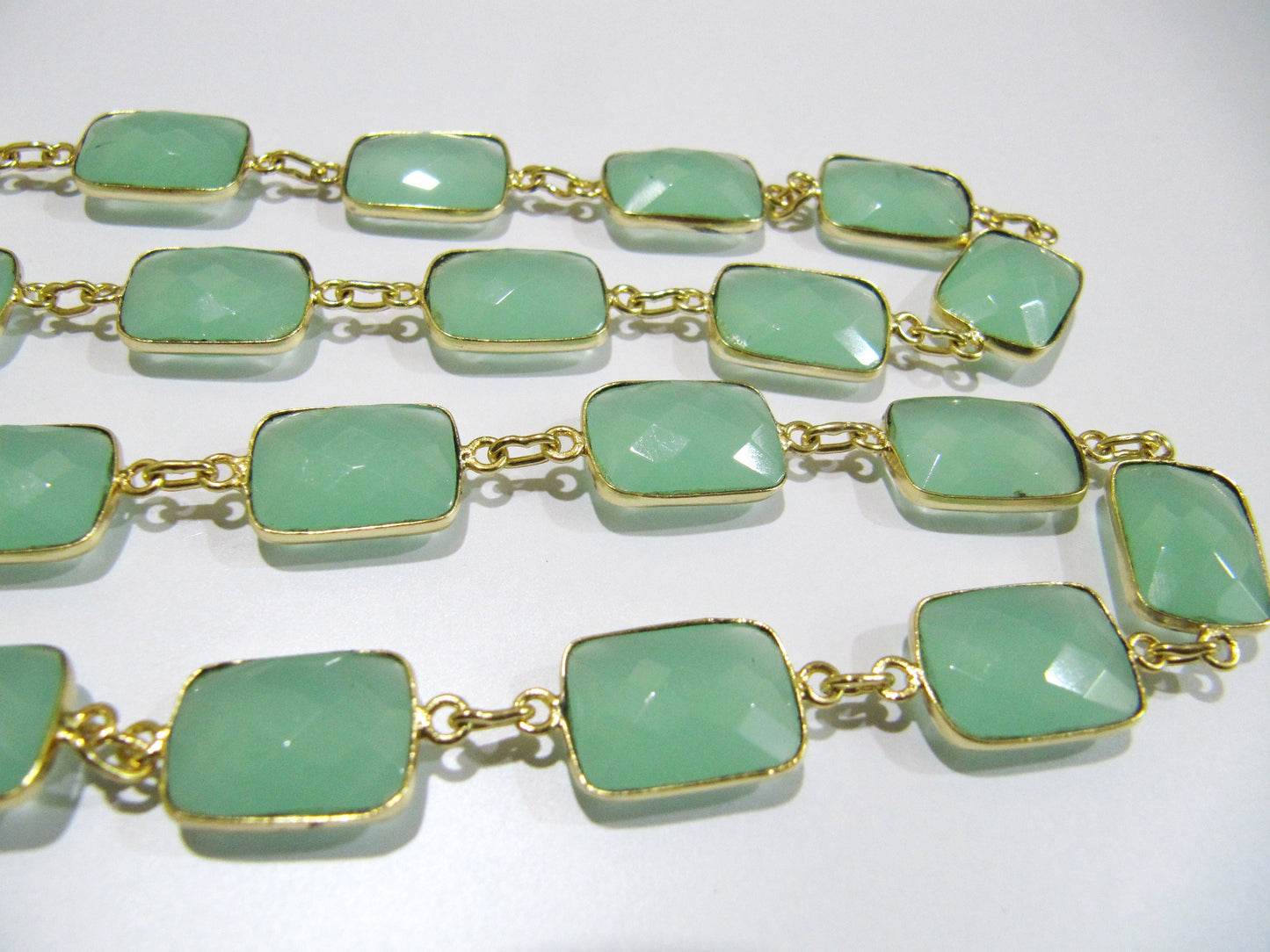 Natural Aqua Chalcedony Rectangle Shape Briolette Faceted Bezel Connector Chain 10x14mm Sold Per Foot High Quality Gemstone Handmade chain