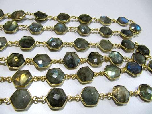 Natural Labradorite hexagon Shape Briolette faceted  Bezel Connector Chain 13 to 14mm Gold/Silver/Black/Rose Gold Plated Sold Per Foot