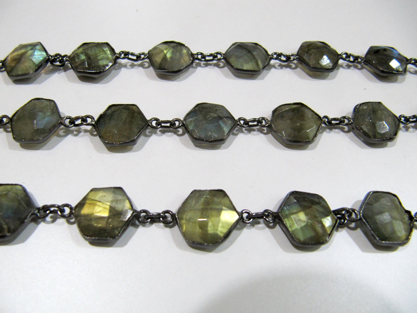 Natural Labradorite hexagon Shape Briolette faceted  Bezel Connector Chain 13 to 14mm Gold/Silver/Black/Rose Gold Plated Sold Per Foot