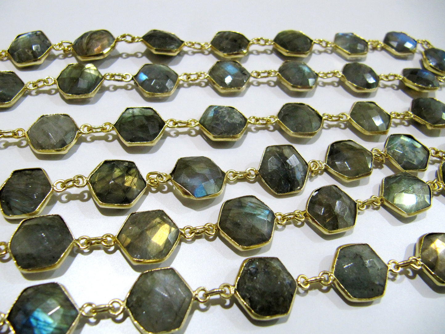 Natural Labradorite hexagon Shape Briolette faceted  Bezel Connector Chain 13 to 14mm Gold/Silver/Black/Rose Gold Plated Sold Per Foot