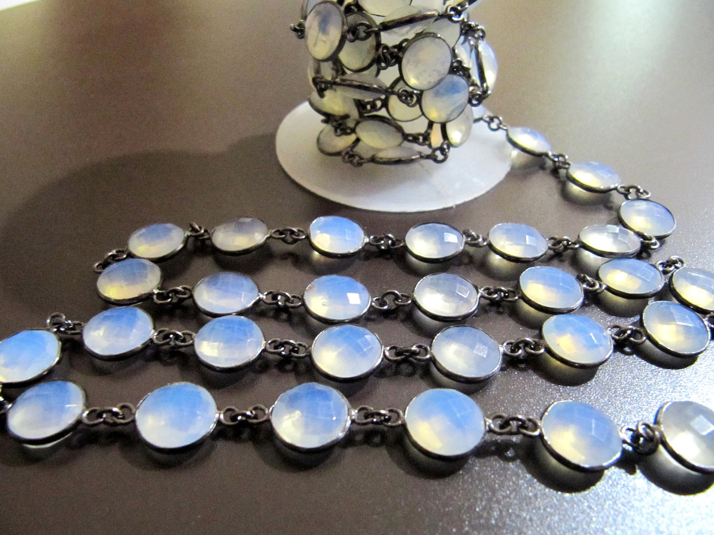 White Opal Round coin Shape Briolette  Bezel Connector Chain 11 mm  Sold Per Foot Opalite Gems Chains