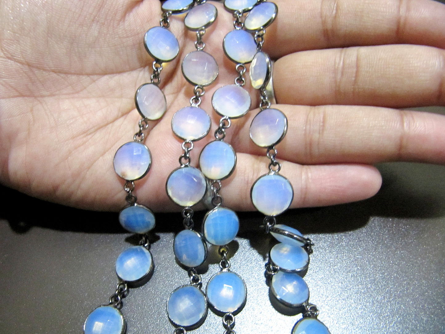 White Opal Round coin Shape Briolette  Bezel Connector Chain 11 mm  Sold Per Foot Opalite Gems Chains