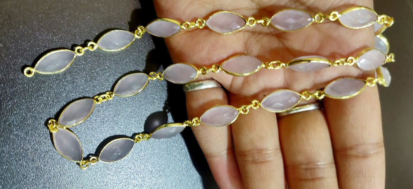 Natural Rose Quartz Marquise Shape Size 7x11mm Laser Cut Briolette Bezel Connector Chain Gold Sold Per Foot High Quality Wholesale Prices