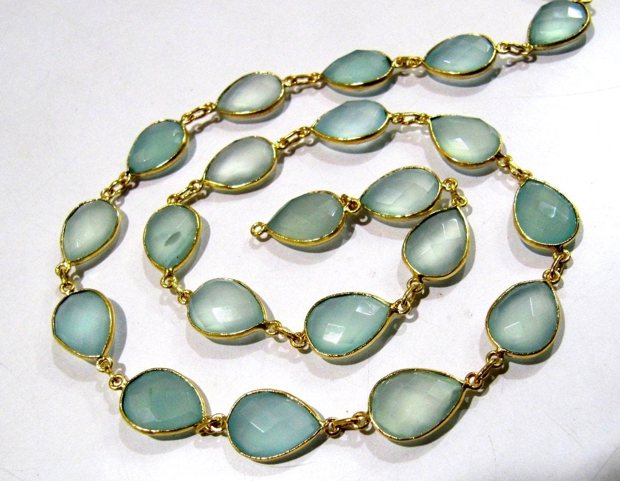 Natural Aqua Chalcedony Pear Shape Briolette Faceted Bezel Connector Chain 10x15mm  High Quality Wholesale Sold per foot