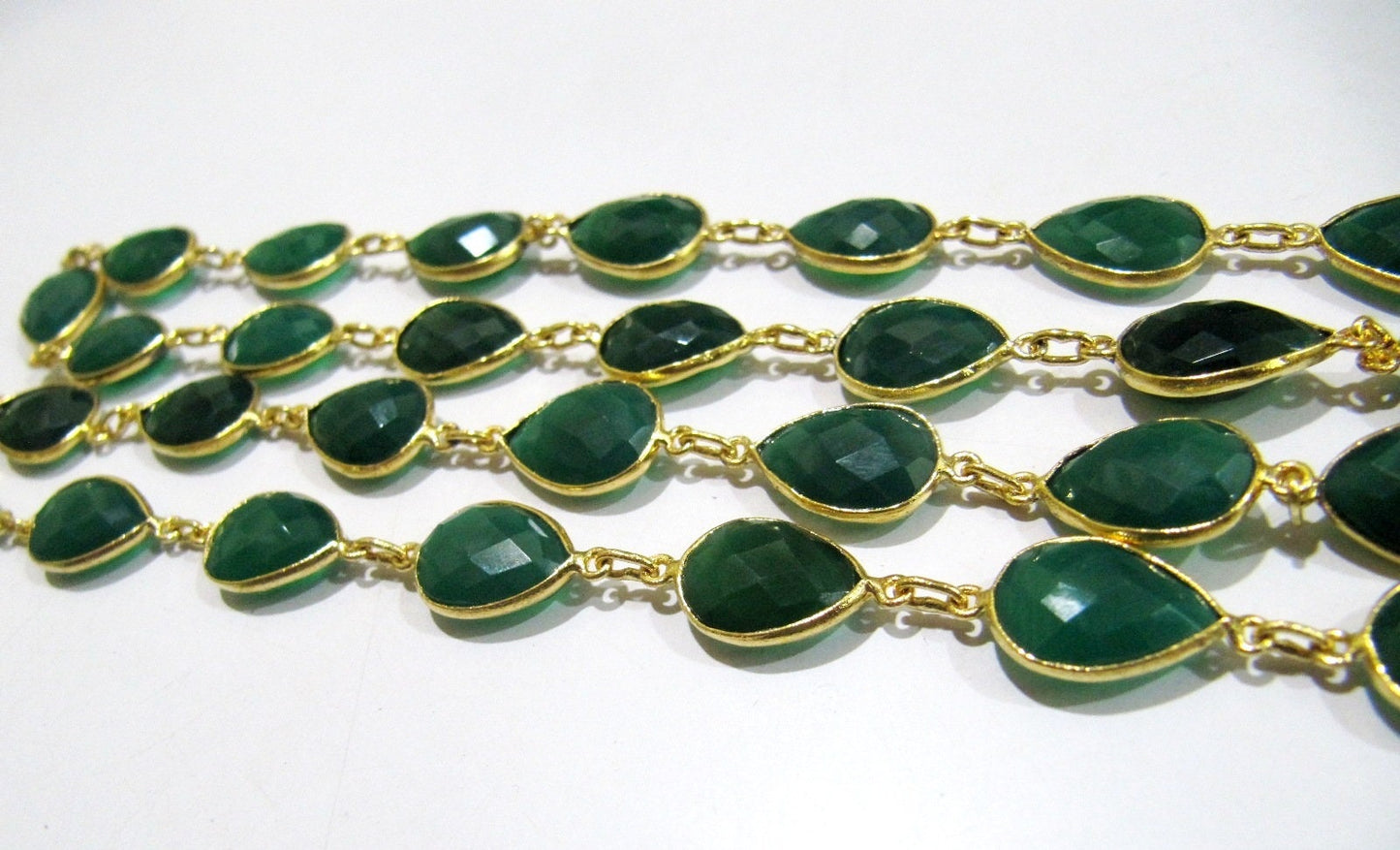 3 Feet-Natural Green Onyx Pear Shape Briolette Faceted Bezel Connector Chain 10x15mm Gold/Silver/Rose Gold/Black Plated Wholesale price