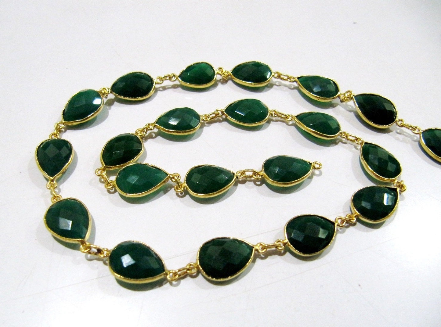 3 Feet-Natural Green Onyx Pear Shape Briolette Faceted Bezel Connector Chain 10x15mm Gold/Silver/Rose Gold/Black Plated Wholesale price