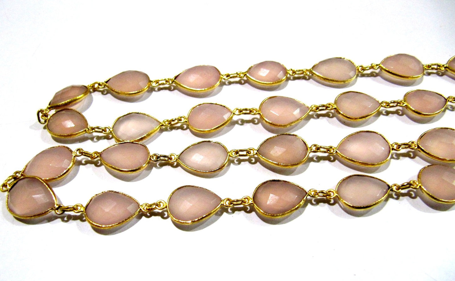 Natural Pink Chalcedony Pear Shape Briolette Faceted Bezel Connector Chain 10x15mm Gold/Silver/Rosegold/Black Plated sold per foot