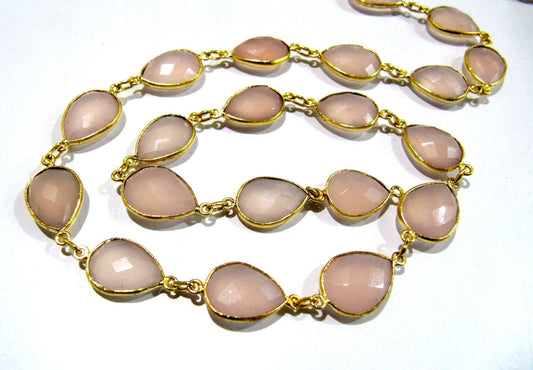 Natural Pink Chalcedony Pear Shape Briolette Faceted Bezel Connector Chain 10x15mm Gold/Silver/Rosegold/Black Plated sold per foot