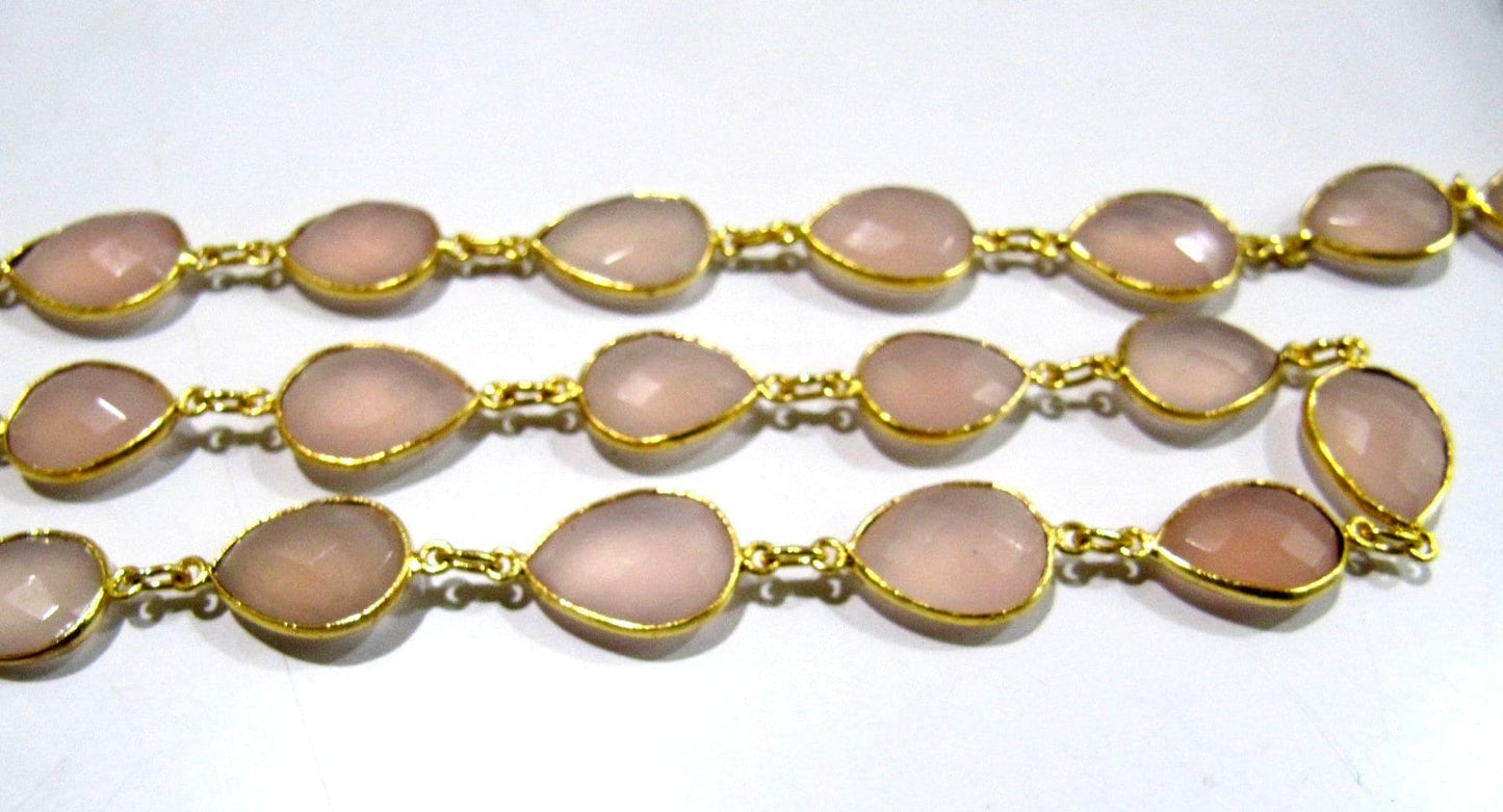 Natural Pink Chalcedony Pear Shape Briolette Faceted Bezel Connector Chain 10x15mm Gold/Silver/Rosegold/Black Plated sold per foot