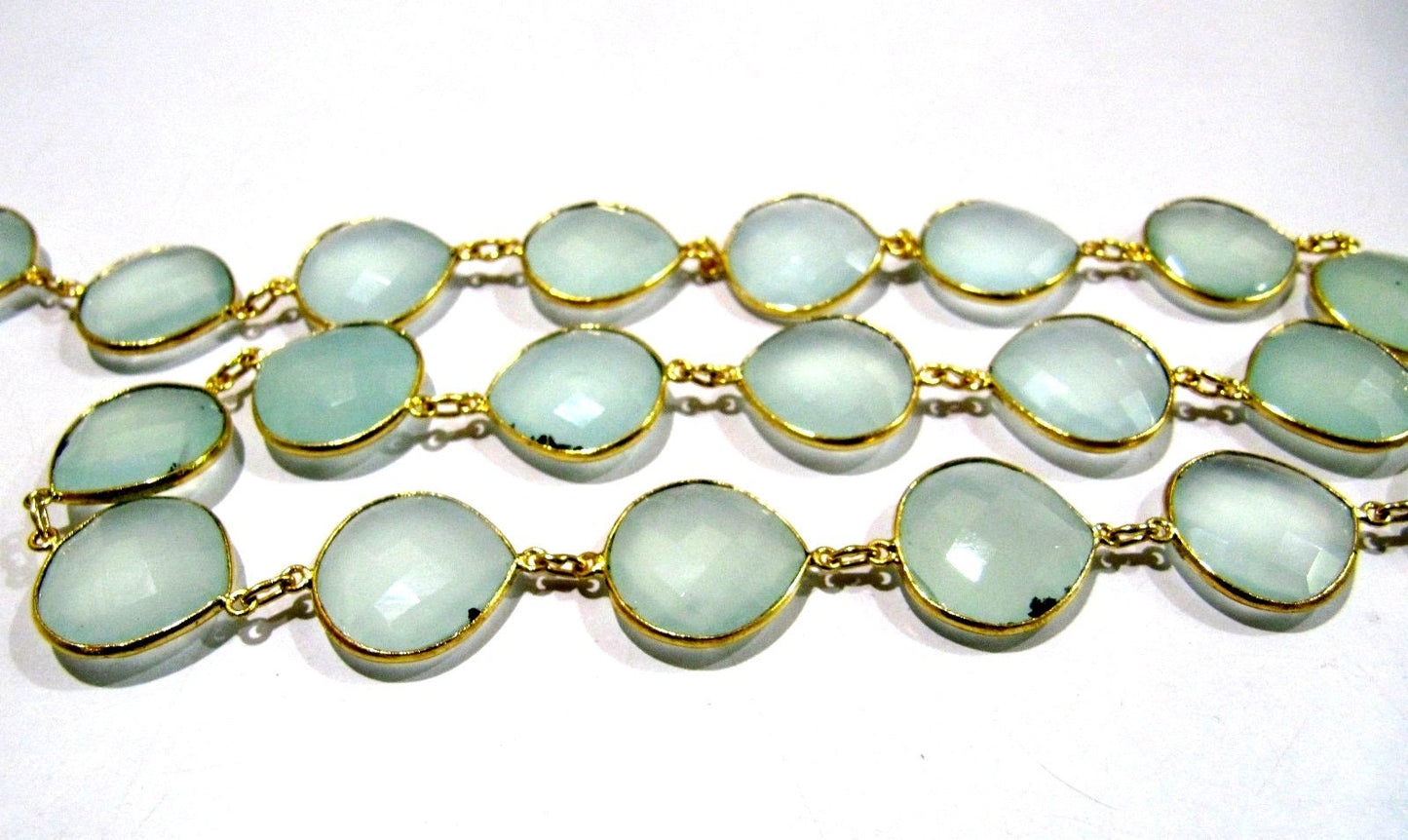 Natural Aqua Chalcedony Heart Shape Briolette Faceted Bezel Connector Chain 10 to 13mm gems chain sold per foot