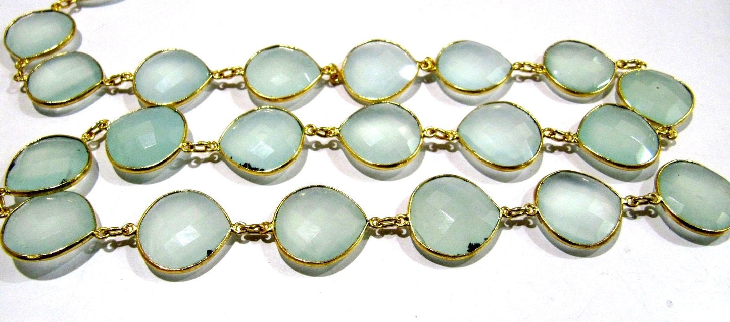 Natural Aqua Chalcedony Heart Shape Briolette Faceted Bezel Connector Chain 10 to 13mm gems chain sold per foot