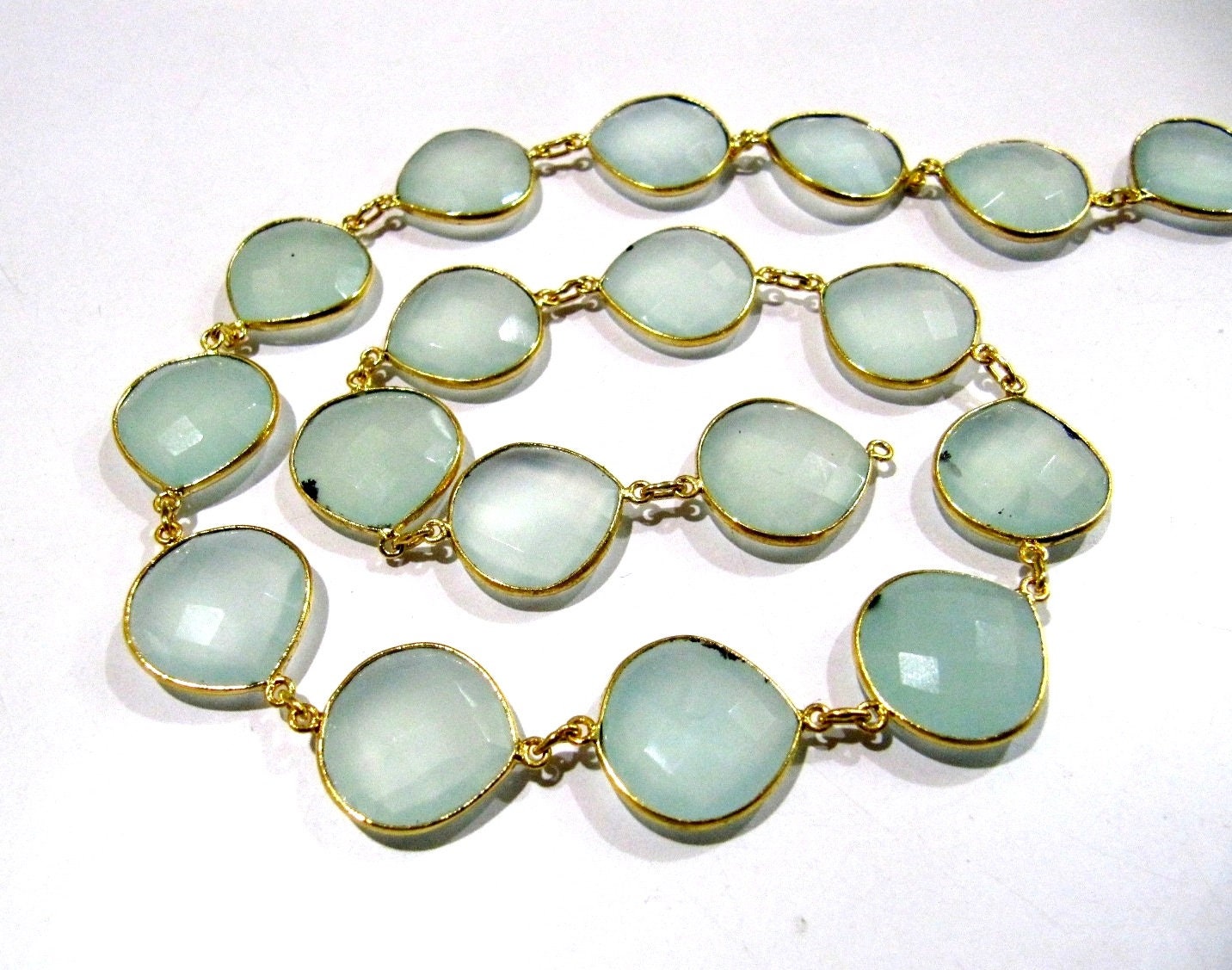 Natural Aqua Chalcedony Heart Shape Briolette Faceted Bezel Connector Chain 10 to 13mm gems chain sold per foot
