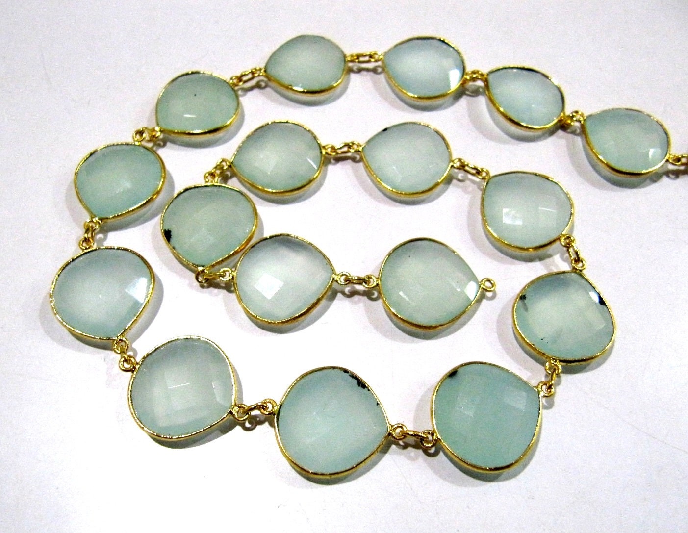 Natural Aqua Chalcedony Heart Shape Briolette Faceted Bezel Connector Chain 10 to 13mm gems chain sold per foot