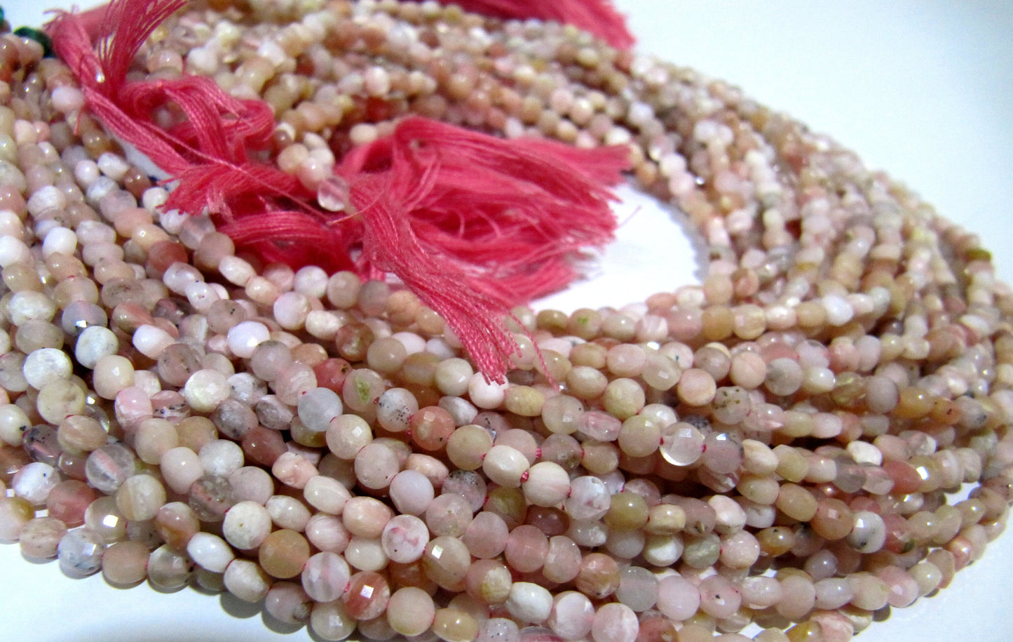 Natural Pink Opal Faceted Coin Shape Briolette Beads Size Exact 4mm Micro Size Strand 13 Inches Long Jewelry Making Wholesale Rate Gemstones
