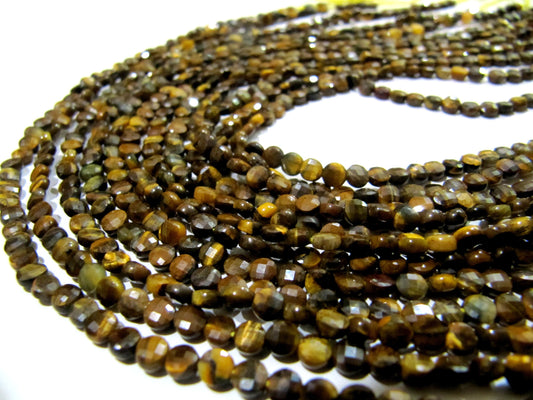 Natural Tiger Eye Faceted Coin Beads Size Exact 4mm, Micro Size Strand 13 Inches Long, Jewelry Making Wholesale Rate Gemstones