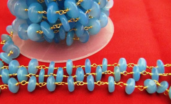 Natural Aqua Blue Chalcedony Smooth German Cut Rondelle wire wrapped beaded Rosary chain Sold Per Foot High Quality Wholesale Price
