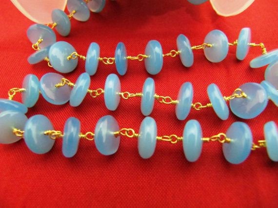 Natural Aqua Blue Chalcedony Smooth German Cut Rondelle wire wrapped beaded Rosary chain Sold Per Foot High Quality Wholesale Price