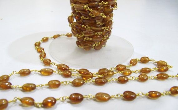 Natural Hessonite Garnet Oval Plain Smooth 6 to 9mm Beaded Rosary Chain High Quality Wholesale Price Sold per foot
