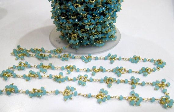 Aqua Chalcedony beaded Flower Chain Beads 3mm Rondell faceted Cluster Rosary Chains, Dangling Flower Chain Hydro Quartz Beads