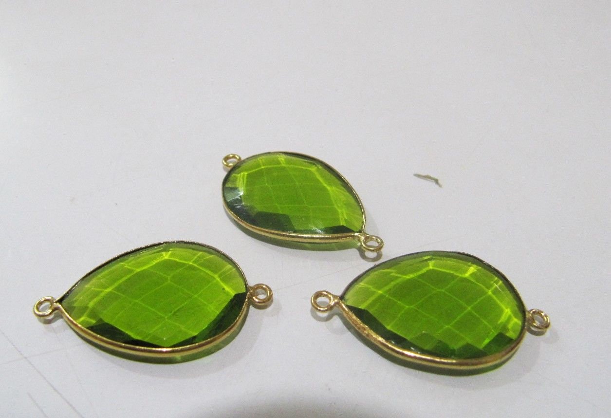 Peridot Hydro Quartz Briolette Connector Pear Shape Bezel  20X25MM Size Double Loop Charms Pendants sold per piece