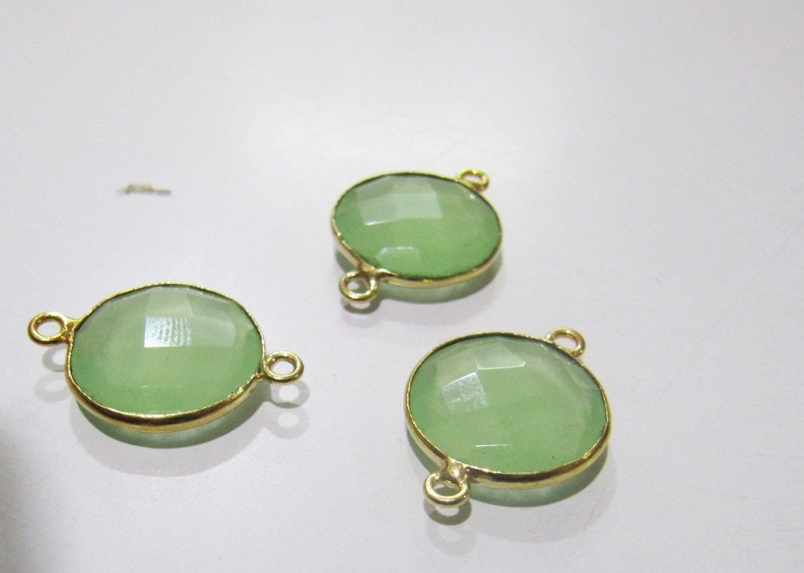5 Pcs Set Green Chalcedony Hydro Quartz Briolette Connector Round Shape Faceted Connector Approx 14MM Size Double Loop Bezel
