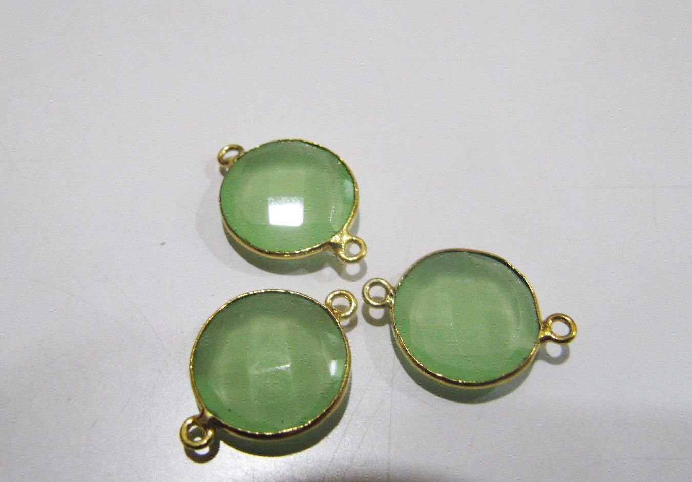 5 Pcs Set Green Chalcedony Hydro Quartz Briolette Connector Round Shape Faceted Connector Approx 14MM Size Double Loop Bezel