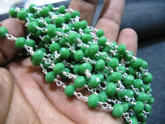 Olive Green Chalcedony 6mm Rondelle  Hydro Quartz Beads Wire Wrapped Beaded Rosary Chain Wholesale Prices Jewelry making chain Per Foot