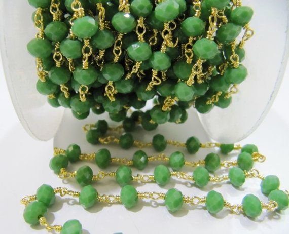 Olive Green Chalcedony 6mm Rondelle  Hydro Quartz Beads Wire Wrapped Beaded Rosary Chain Wholesale Prices Jewelry making chain Per Foot