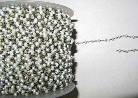 3 Ft- Pearl Beaded Sterling Silver Chain 3-4mm Approx Size Fresh Water Pearl Bead Rosary Chain Wholesale Prices gemstone chain