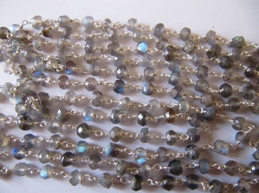 Natural Labradorite Rondelle Faceted 3-4mm Beaded Rosary Chain Wholesale Prices Jewelry Making Gemstone chain Handmade chain sold by Foot
