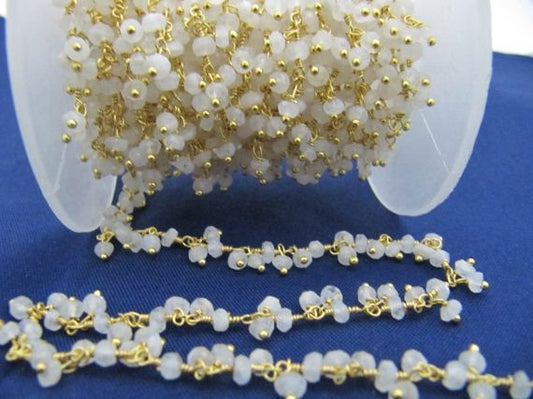 Natural Rainbow moonstone Dangling Chain Rondelle Faceted Beaded Cluster Chain 3-4mm Size Moonstone Bead Chain Wholesale Price Sold Per Foot