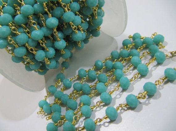 3- Feet Amazonite  Rondelle Faceted Size 6mm wire wrapped Hydro Quartz Beaded Rosary Chain Wholesale Prices Jewelry Making Gemstone chain