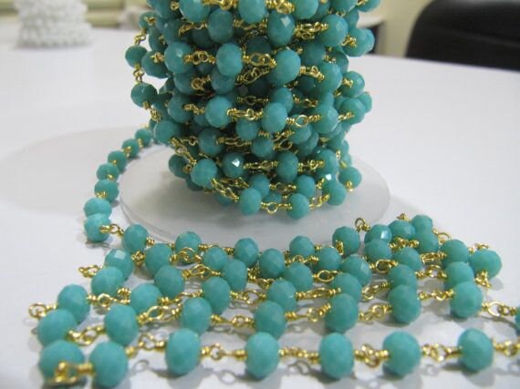 3- Feet Amazonite  Rondelle Faceted Size 6mm wire wrapped Hydro Quartz Beaded Rosary Chain Wholesale Prices Jewelry Making Gemstone chain