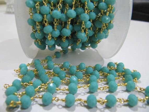 3- Feet Amazonite  Rondelle Faceted Size 6mm wire wrapped Hydro Quartz Beaded Rosary Chain Wholesale Prices Jewelry Making Gemstone chain