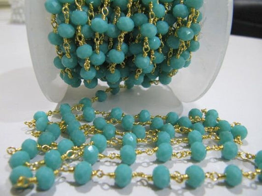 3- Feet Amazonite  Rondelle Faceted Size 6mm wire wrapped Hydro Quartz Beaded Rosary Chain Wholesale Prices Jewelry Making Gemstone chain