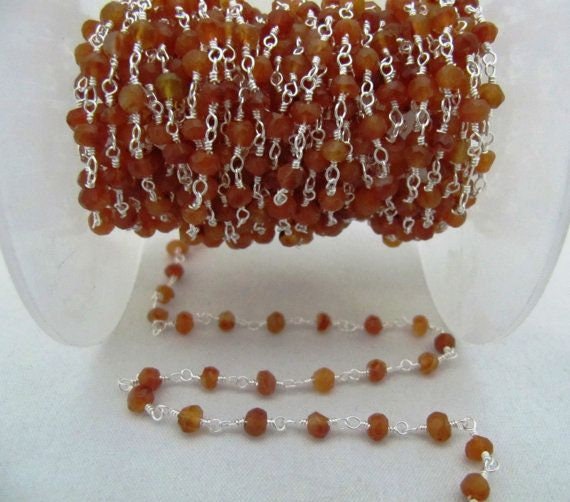3- Feet Carnelian Rondelle Faceted Size 3-4mm Beaded Wire Wrapped Rosary Chain Wholesale Prices Jewelry Making Brown Gemstone chain