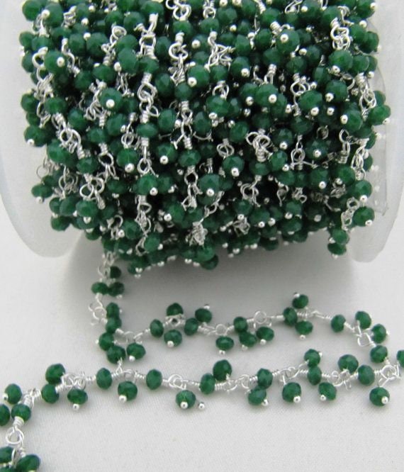 Emerald Hydro Quartz Rondelle Faceted Beaded Dangling Thick  Chain 3mm Size Green Hydro Quartz Bead Rosary Chain  sold per foot