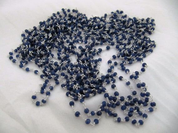 3- Feet Dyed Blue Sapphire  Rondelle Faceted Size 3-4mm Dyed Beaded Wire Wrapped Rosary Chain Wholesale Prices Jewelry Making Gemstone chain