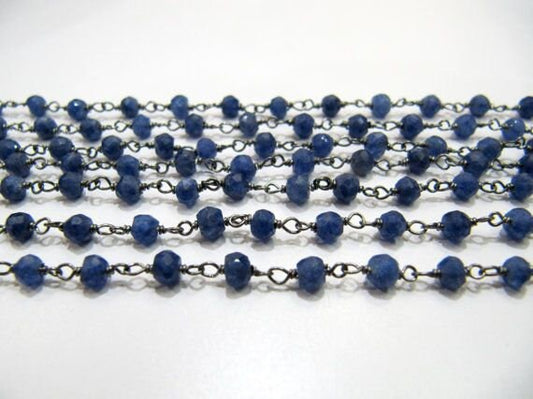 3- Feet Dyed Blue Sapphire  Rondelle Faceted Size 3-4mm Dyed Beaded Wire Wrapped Rosary Chain Wholesale Prices Jewelry Making Gemstone chain