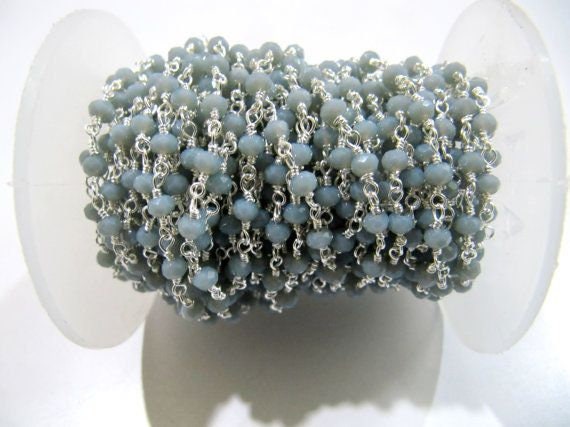 Gray Chalcedony Rondelle Faceted Size 3mm Gray Hydro Quartz Beaded Wire Wrapped Rosary Chain Wholesale Prices Jewelry Making chain