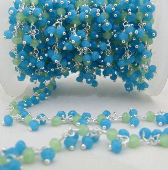 3 Ft- Green And Aqua Chalcedony Rondelle Faceted Beaded Dangling Thick  Chain 3mm Size Green Hydro Quartz Bead Rosary Chain Wholesale Prices