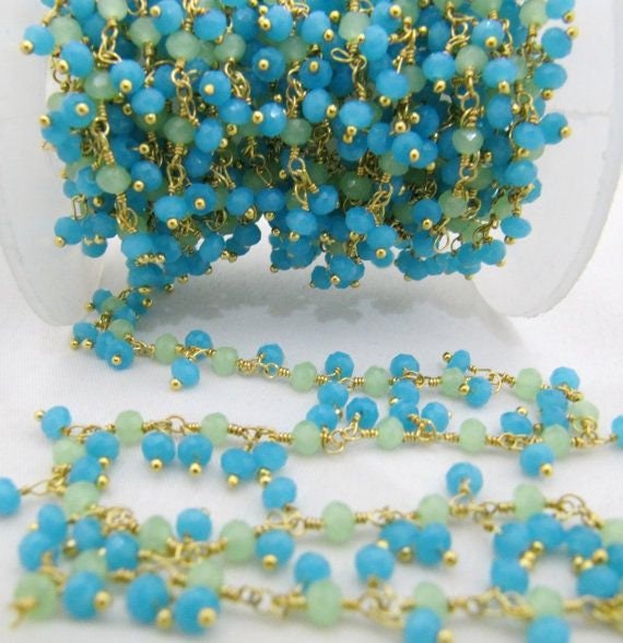 3 Ft- Green And Aqua Chalcedony Rondelle Faceted Beaded Dangling Thick  Chain 3mm Size Green Hydro Quartz Bead Rosary Chain Wholesale Prices