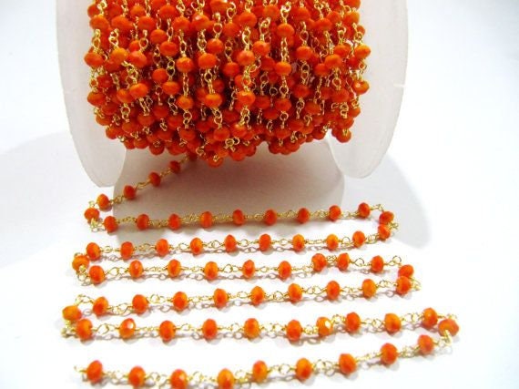 3 Ft - Orange Chalcedony  Hydro Quartz Beaded Rosary Chain Rondelle Faceted Rosary Bead 3mm Chain Wholesale Prices Jewelry Making Chain