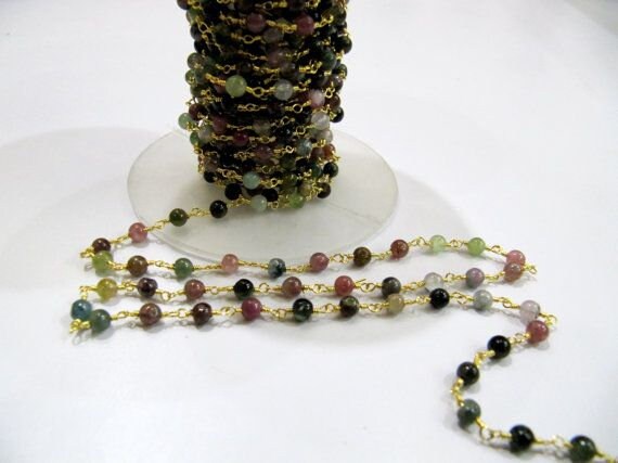 Natural Multi tourmaline Round Plain Smooth 4mm Beaded Rosary Wire Wrapped Chain Wholesale Prices Jewelry gemstone chain Sold per Foot
